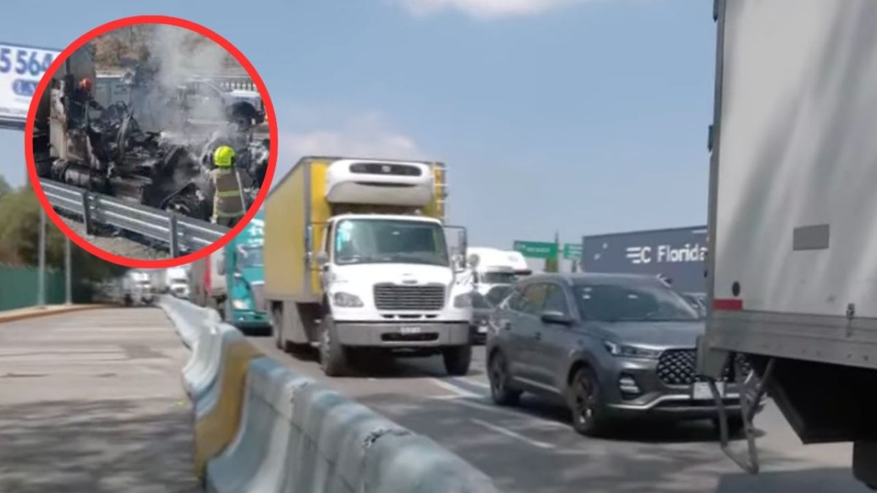 Pipa vuelca y se incendia en la México-Puebla